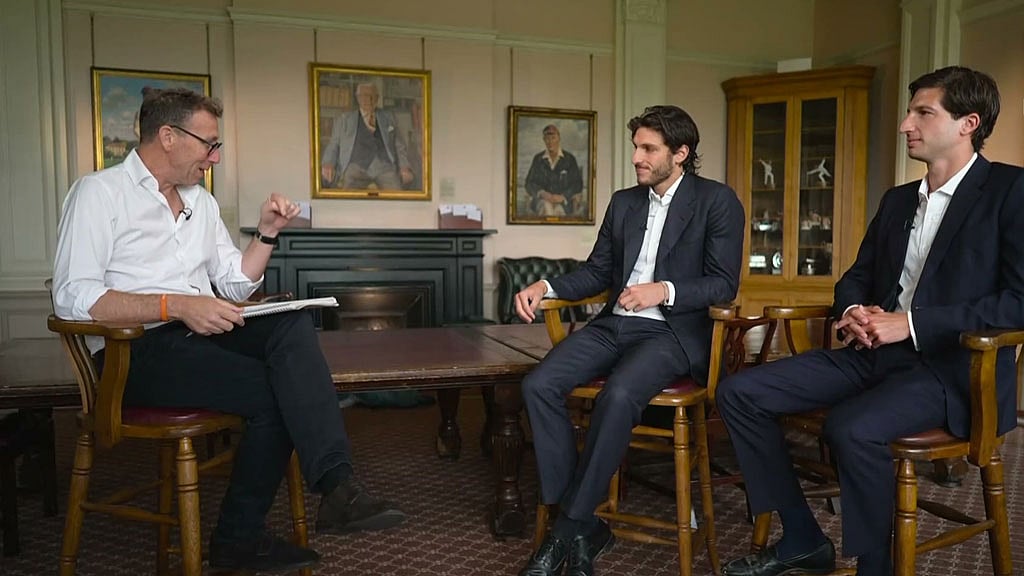 Kasim and Sulaiman Khan during their interview with former England captain Michael Atherton, broadcast by Sky Sports during the second England-Pakistan Test at Lord&rsquo;s.