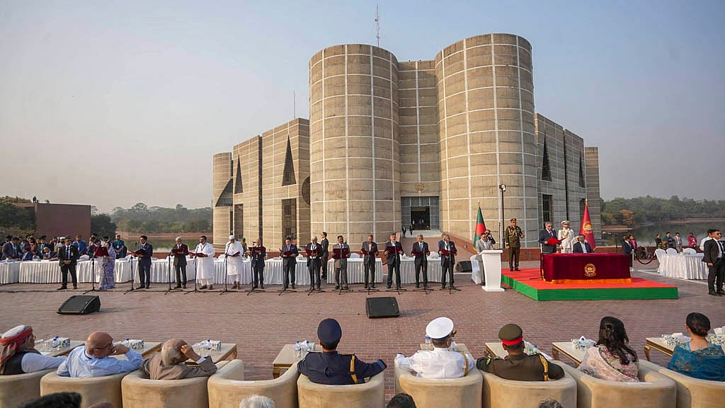 The new cabinet of the BNP-led government takes the oath at the South Plaza of parliament on Tuesday, Feb 17, 2026.