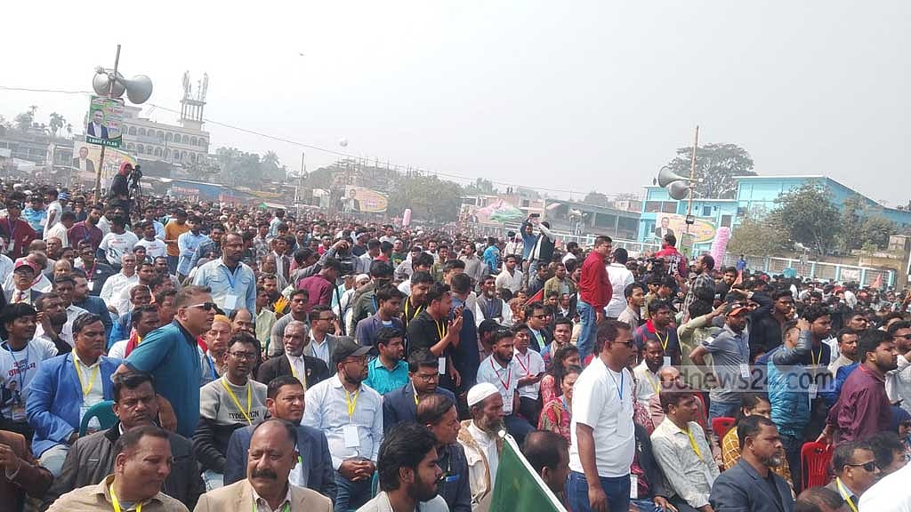BNP Chairman Tarique Rahman addresses a public rally in Nilphamari.