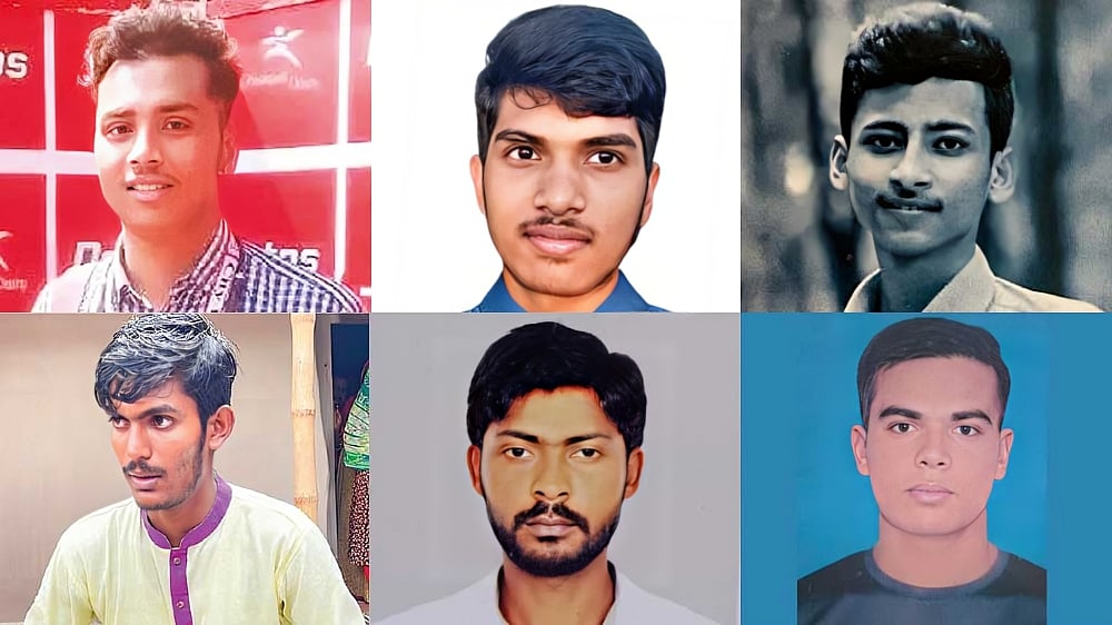 আশুলিয়ায় নিহত ছয়জন। উপরে বাঁ থেকে সাজ্জাদ হোসেন সজল, আস সাবুর, তানজীল মাহমুদ সুজয়; নিচে বায়েজিদ বোস্তামী, আবুল হোসেন ও ওমর ফারুক।