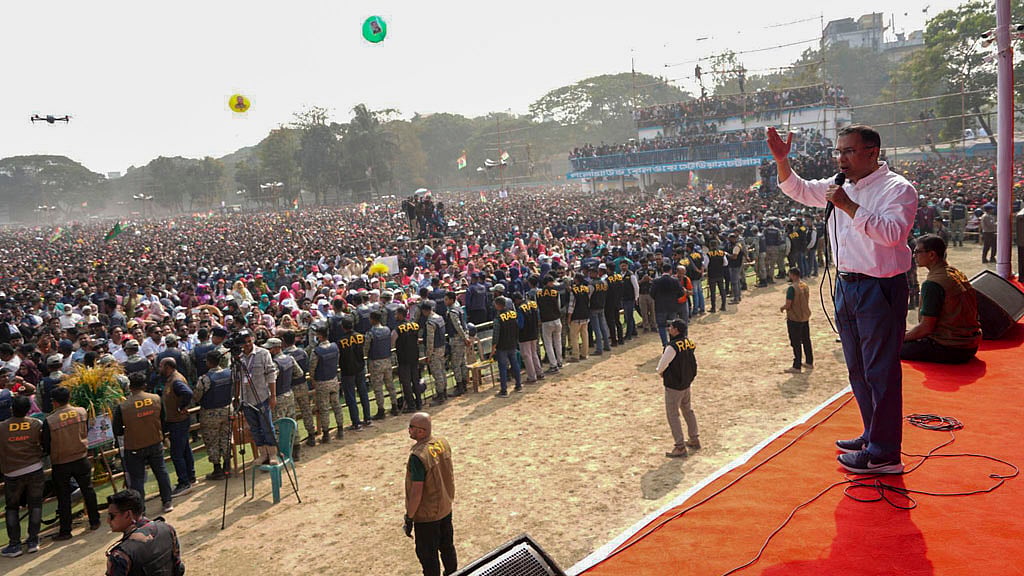 চট্টগ্রাম পলোগ্রাউন্ড মাঠে বিএনপির নির্বাচনি সমাবেশে তারেক রহমান।
