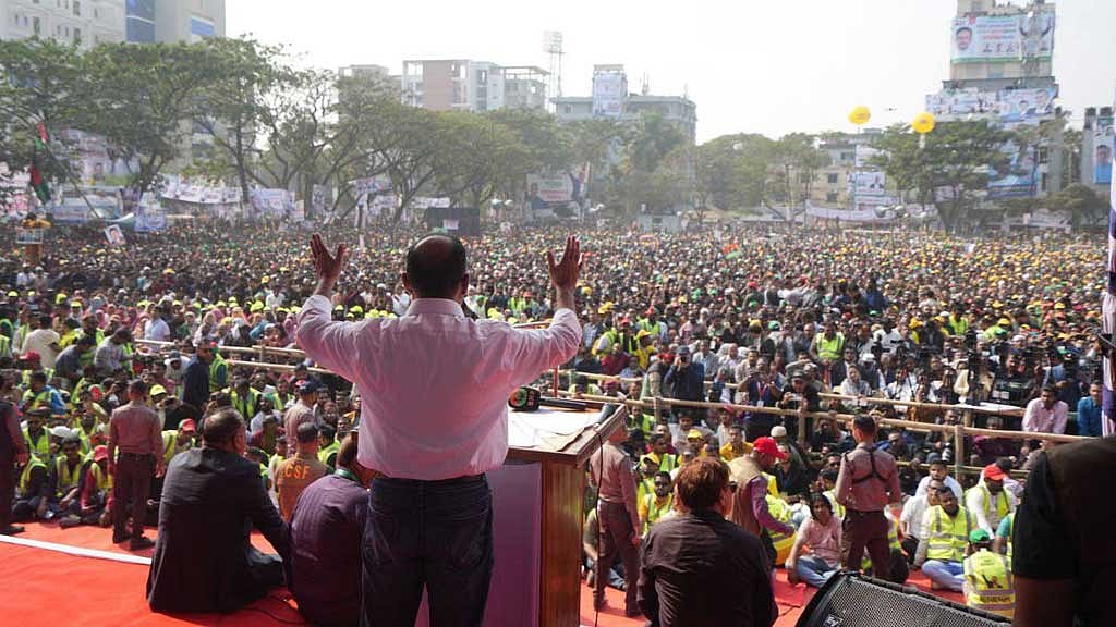 সিলেটের আলিয়া মাদ্রাসা মাঠের জনসভায় বিএনপি চেয়ারম্যান তারেক রহমান। ছবি: বিএনপির মিডিয়া সেল