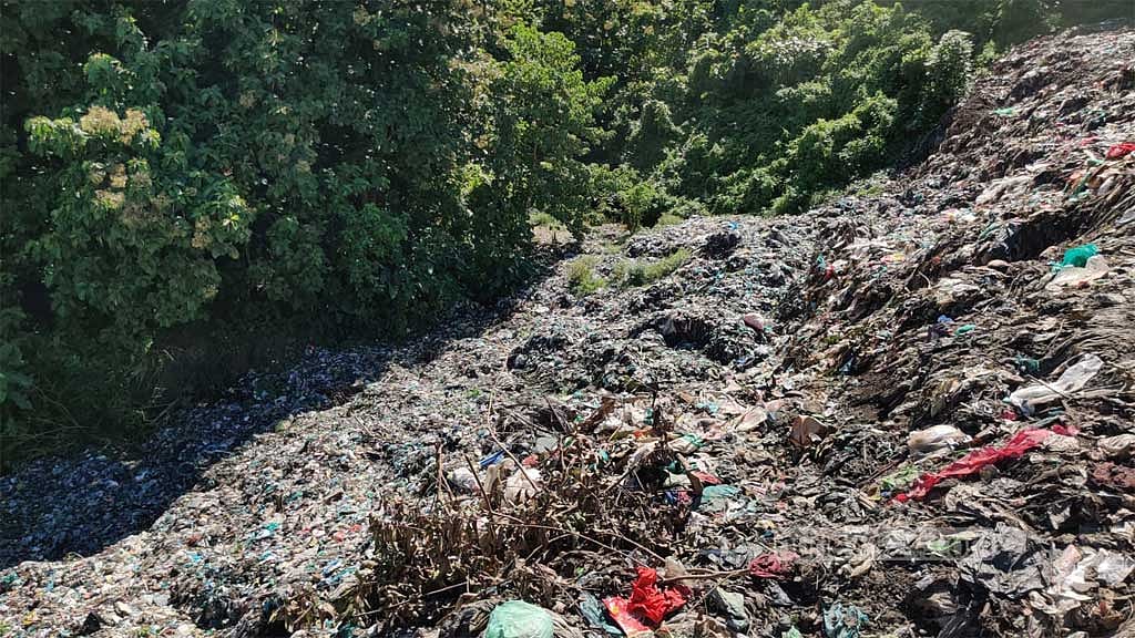 সংগ্রহ করে নিয়ে আসার পর এভাবে সড়কের পাশে ফেলা হচ্ছে ময়লা-আর্বজনা।