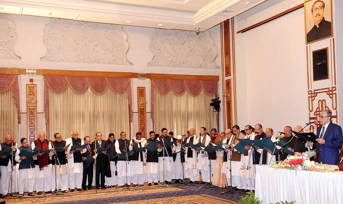 This 2014 file photo shows swearing in of cabinet members, when the Awami League took office for the second consecutive term. 