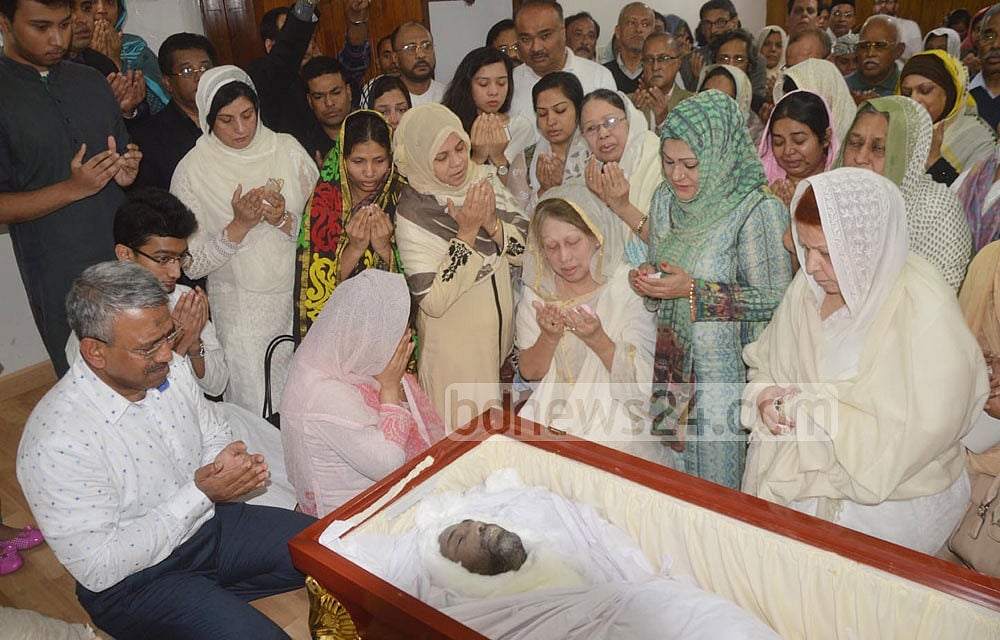 Jan 27, 2015: Khaleda Zia breaks down in tears beside the coffin of her younger son, Arafat Rahman Koko, after his body is brought home from Malaysia.