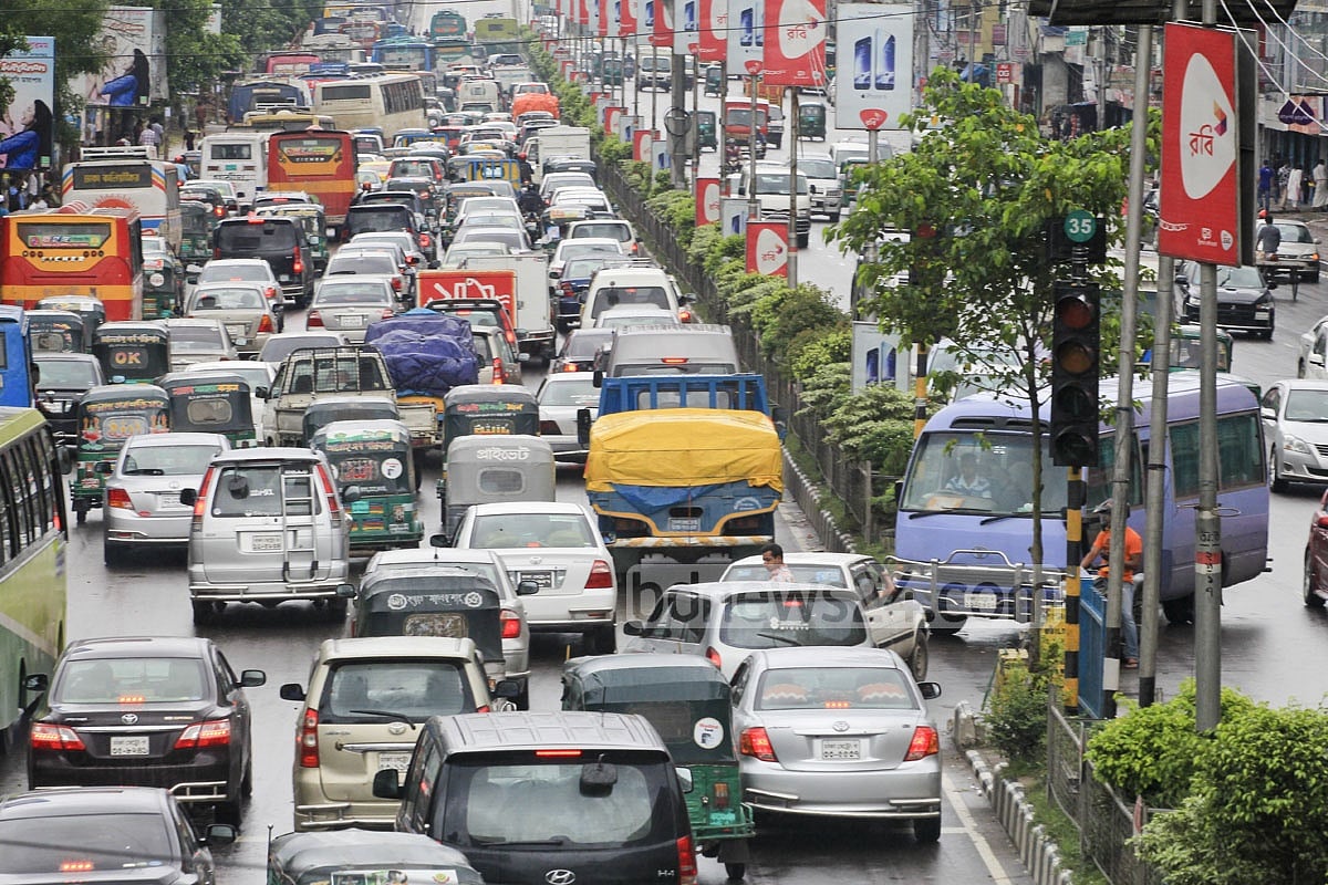 Banani gets gridlocked on Monday afternoon as Dhaka City returns to its usual congested self after the long Eid holidays.  Photo: Asif Mahmud Ove
