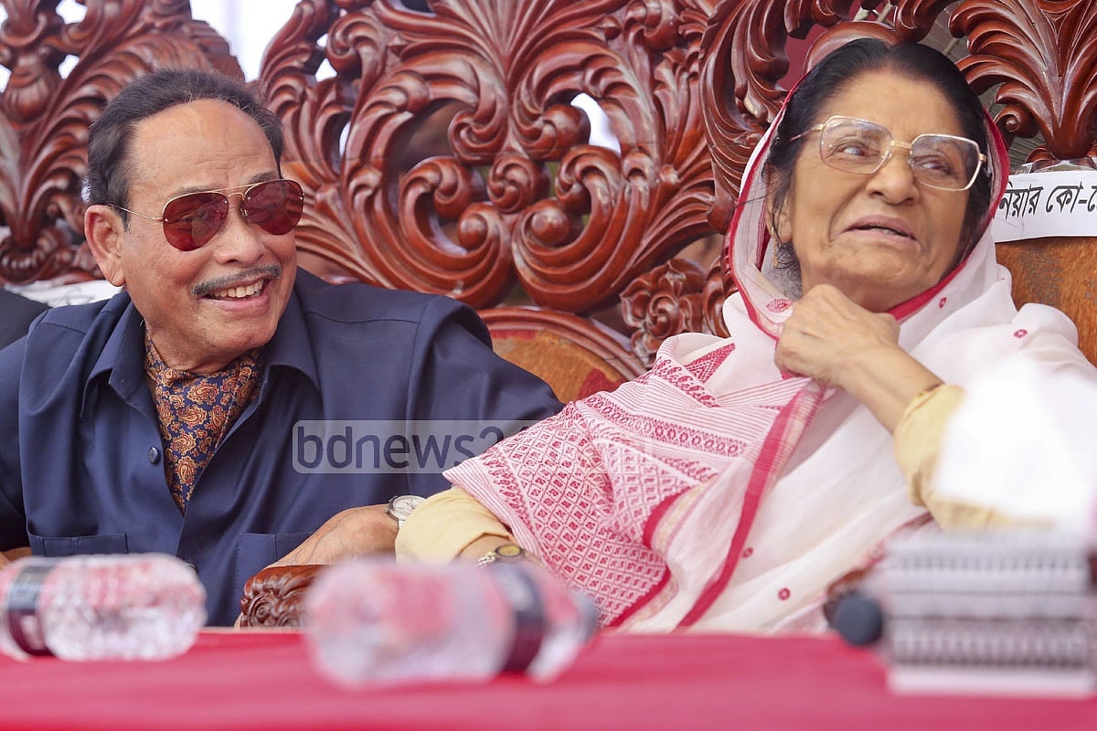 File Photo: Raushon Ershad smiles as her husband HM Ershad tells her something at the party’s May Day programme at its office in Kakrail on May 1, 2016. 