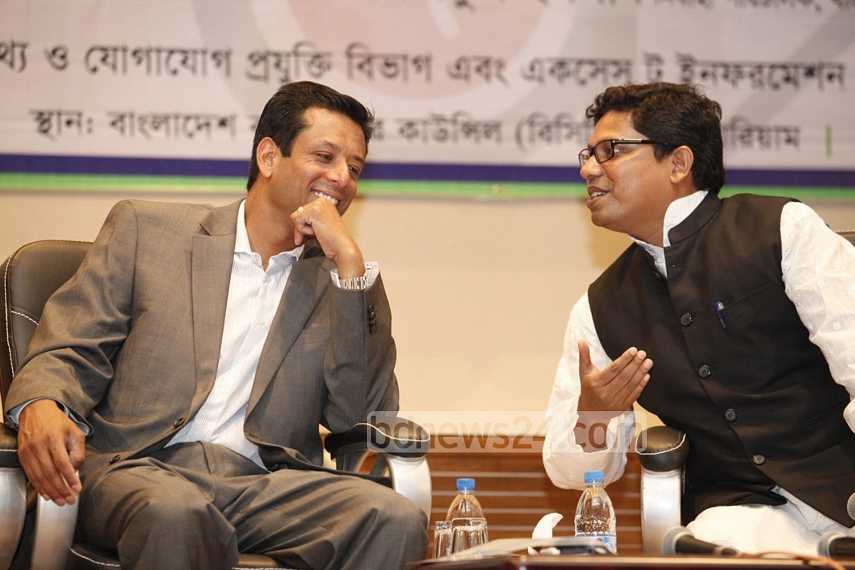 Sajeeb Wazed Joy, ICT adviser to the prime minister, and ICT state minister Zunaid Ahmed Palak interact during a programme in Dhaka. 