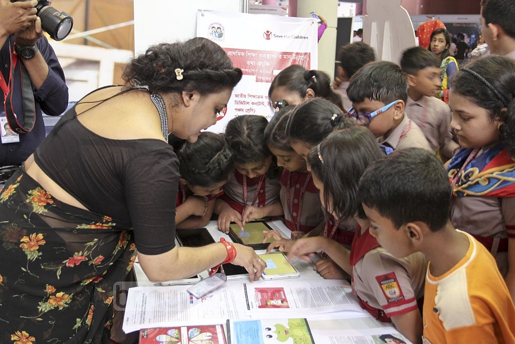 Children take part in activities to promote safe internet at an event organised by the UNICEF and Facebook at Bangabandhu Sheikh Mujibur Rahman Novo Theatre in Dhaka on Friday. Photo: asif mahmud ove 