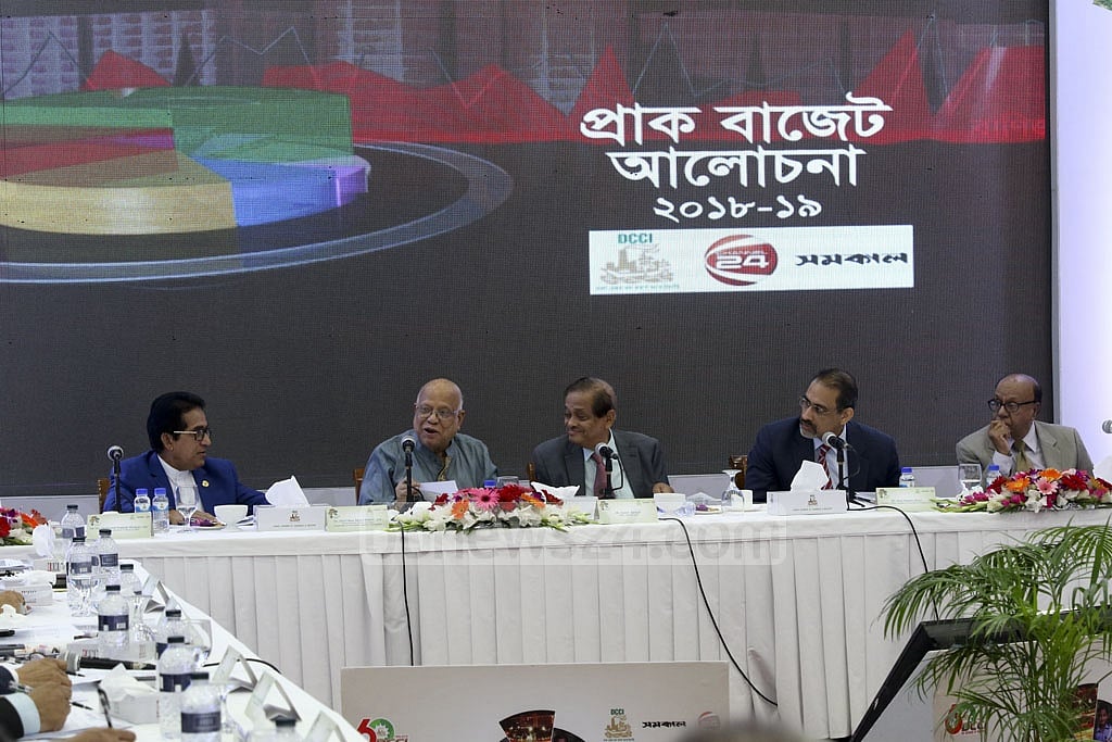 Finance Minister AMA Muhith attends a pre-budget discussion organised by the DCCI, Channel 24 and Samakal at the Bangabandhu International Conference Centre on Saturday. 
