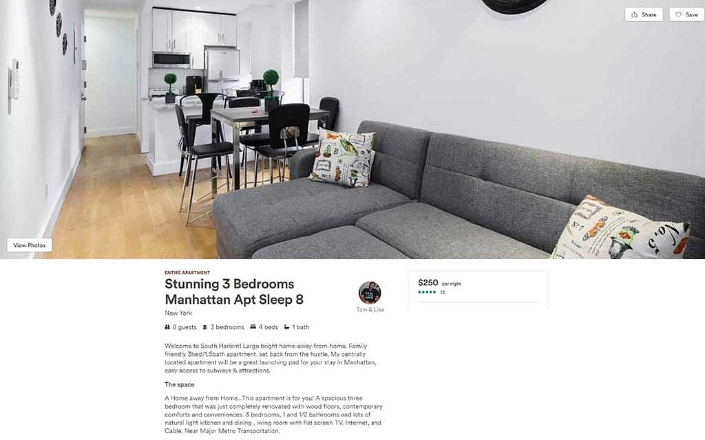 An undated handout screenshot of the Airbnb listing for an apartment at 78 East 119th St, in East Harlem. Multiple misleading identities, more than 100 host accounts and 18 corporations were created to run an illegal hotel business in Manhattan, according to a lawsuit filed by the city. Handout via The New York Times 