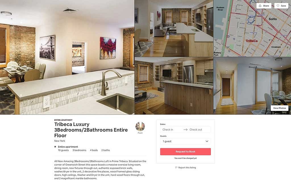 An undated handout screenshot of the Airbnb listing for an apartment at 385 Greenwich St, in TriBeCa. Multiple misleading identities, more than 100 host accounts and 18 corporations were created to run an illegal hotel business in Manhattan, according to a lawsuit filed by the city. Handout via The New York Times 