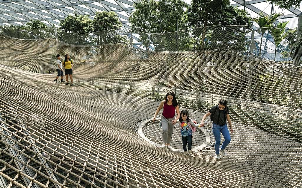 Visitors walk 82 feet above the floor on a 