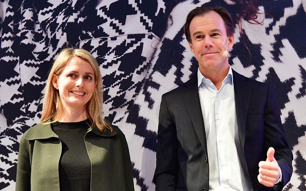 Outgoing H&M CEO Karl-Johan Persson and successor Helena Helmersson arrive for a news conference at the company's headquarters in Stockholm, January 30, 2020. TT News Agency/Jonas Ekstroemer via REUTERS 