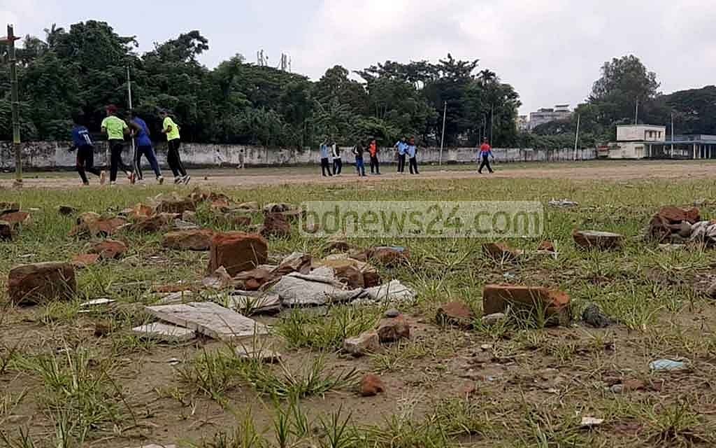 Pologround, owned by the Bangladesh Railway, remains booked for fairs throughout the year. Construction materials are scattered around the field. Players continue to practise on the ground by risking injuries. 