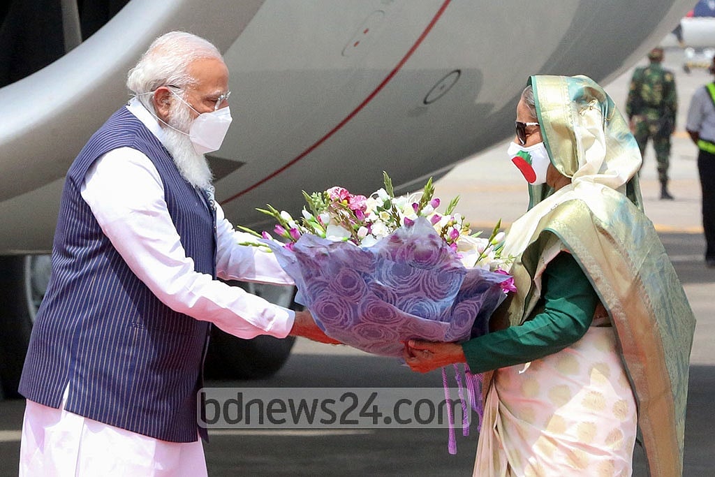 Mar 26, 2021:  Indian Prime Minister Narendra Modi arrived in Dhaka to join the twin celebrations of Bangabandhu Sheikh Mujibur Rahman's birth centenary and the golden jubilee of Bangladesh’s independence. Photo: PMO Mar 26, 2021:  Indian Prime Minister Narendra Modi arrived in Dhaka to join the twin celebrations of Bangabandhu Sheikh Mujibur Rahman's birth centenary and the golden jubilee of Bangladesh’s independence. Photo: PMO