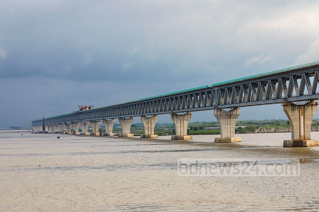 A view of the Padma Bridge taken from the river on Monday, June 14, 2021. According to information from the Bridges Division, construction work on the bridge was 93 percent complete as of Jun 1. The government hopes to allow traffic across the bridge from next year if things proceed as planned. Photo: Mostafigur Rahman 