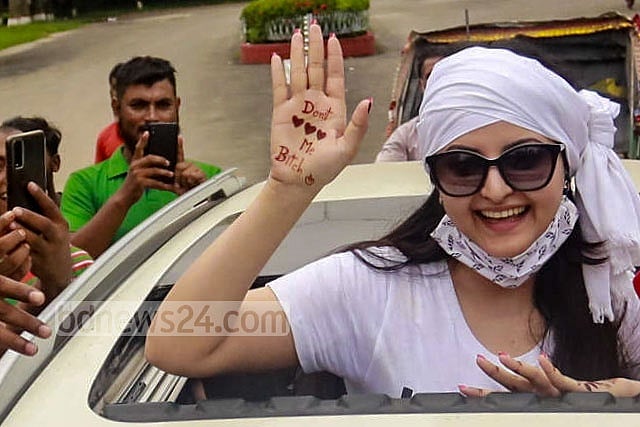Sept 01, 2021: Actress Pori Moni is released from jail nearly a month after she was arrested in connection with a drug case. Photos of Pori Moni with “Don’t Love Me Bitch” written on her palm went viral on social media, eliciting reactions from a wider spectrum of people. Sept 01, 2021: Actress Pori Moni is released from jail nearly a month after she was arrested in connection with a drug case. Photos of Pori Moni with “Don’t Love Me Bitch” written on her palm went viral on social media, eliciting reactions from a wider spectrum of people.