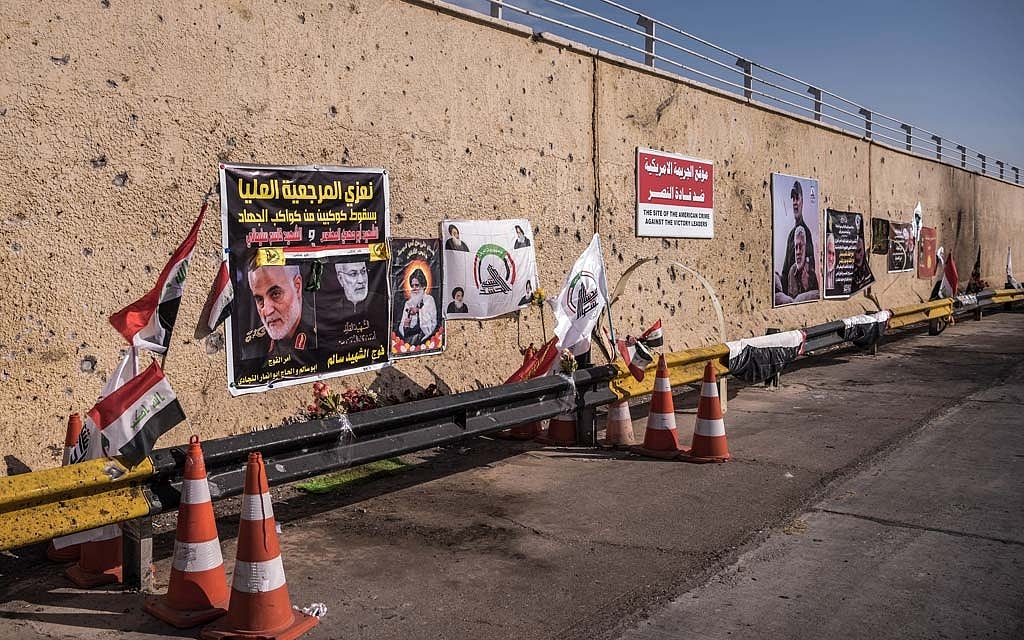 Memorials at Baghdad International Airport, Jan 9, 2020, where Maj Gen Qassim Suleimani, the Iranian military commander, was assassinated in a US drone strike with the help of Israeli intelligence. In November of 2020, Israeli agents assassinated Iranian nuclear scientist Mohsen Fakhrizadeh with a computerised 7.62-mm sniper machine gun capable of firing 600 rounds a minute, kitted out with artificial intelligence, multiple-camera eyes and operated via satellite, that was smuggled into Iran piece by piece and re-assembled. Sergey Ponomarev/The New York Times 