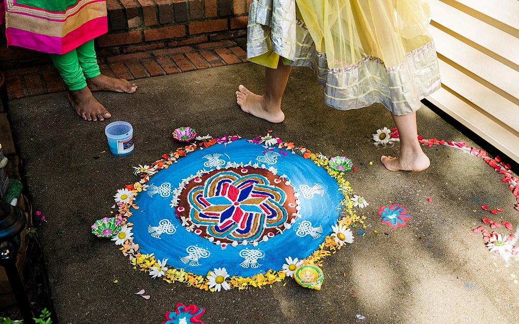 Rangoli outside Jugnu Verma’s home in Lexington, SC, July 17, 2021. Making ornate floor art can be a celebratory act for festivals like Diwali and a meditative practice. Gabriela Bhaskar/The New York Times 