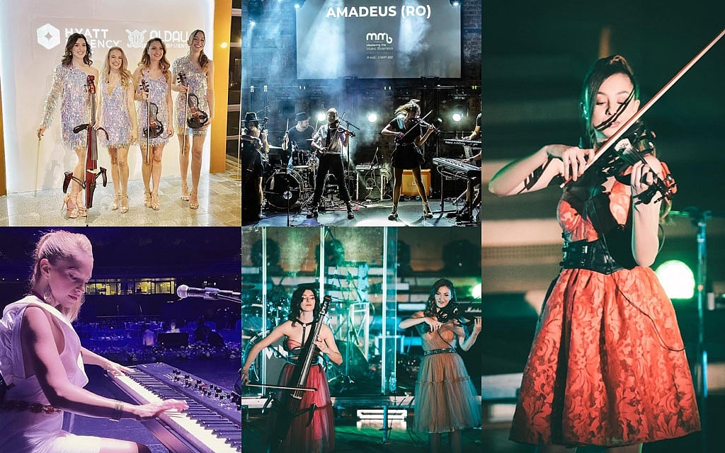A collage showing various performances by electric string and piano quartet Amadeus. Facebook/TrupaAmadeus 